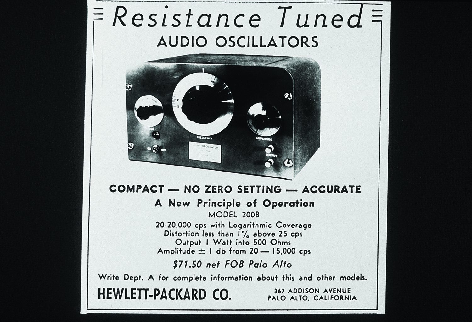 Advertisement for the HP 200B oscillator.