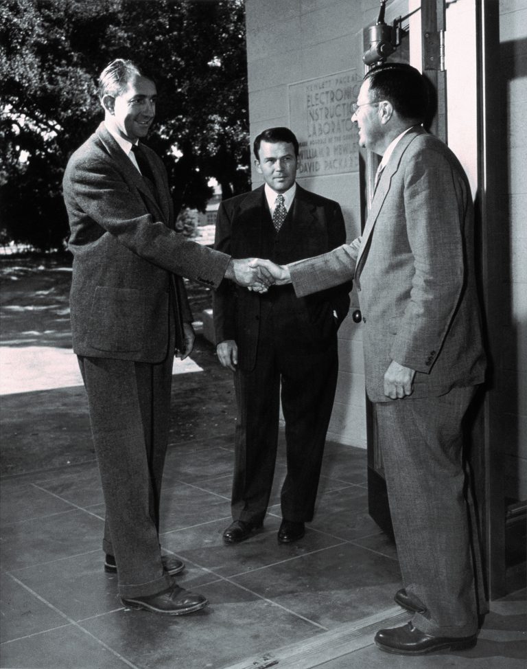 Bill Hewlett and Dave Packard greet Fred Terman, the Father of Silicon Valley, in 1952.