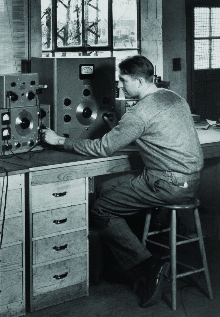 An HP 205A oscillator being tested by Dave Packard.