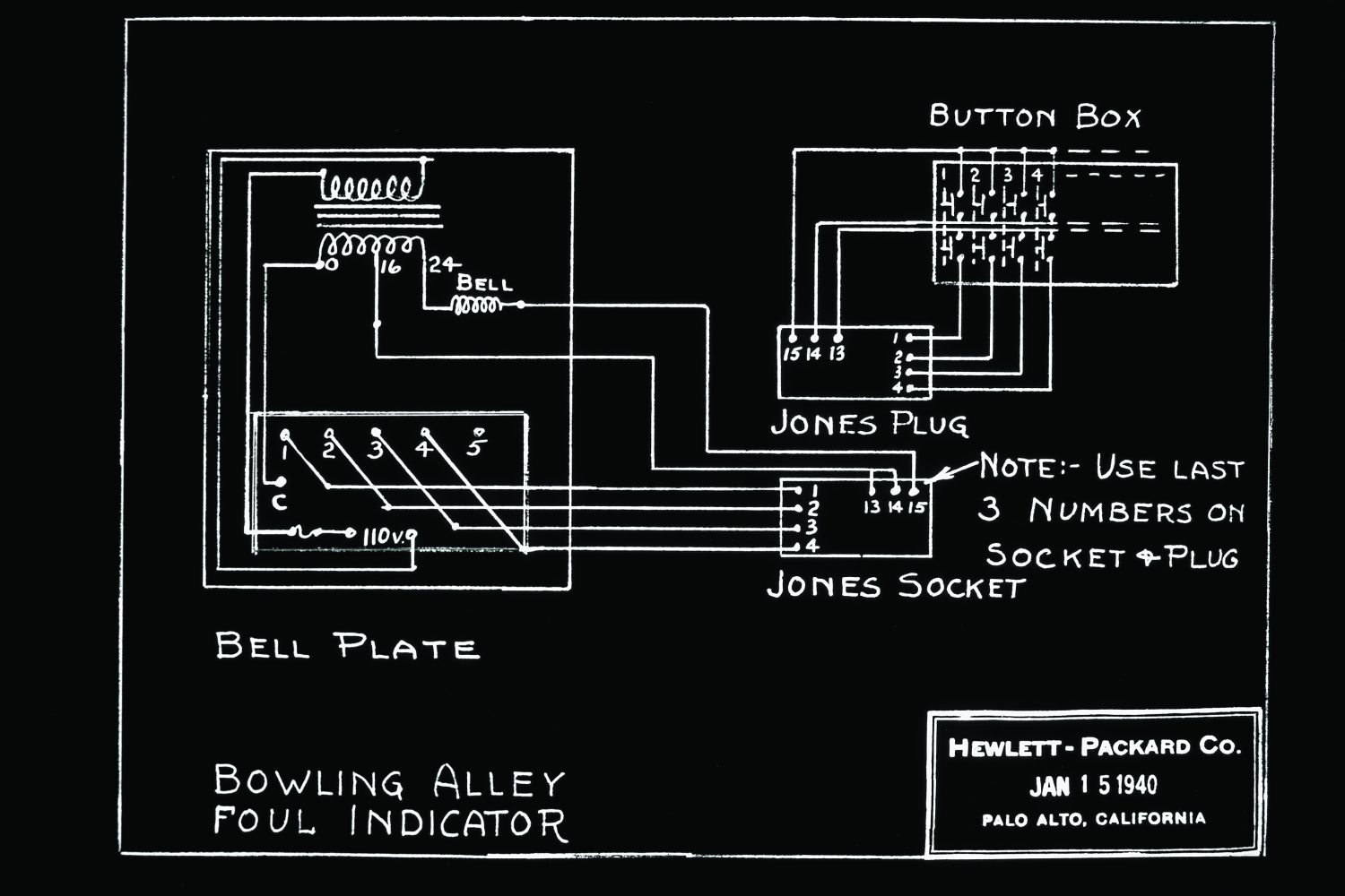 Schematic for a bowling alley foul indicator from 1940.