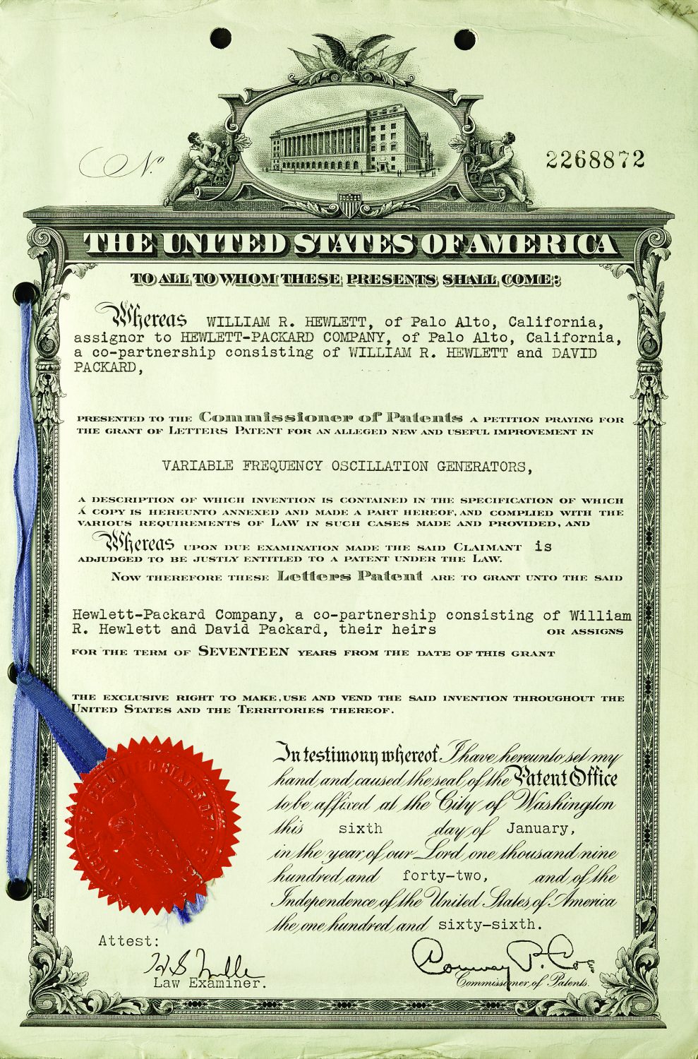 Hewlett-Packard's first patent, for Bill Hewlett's oscillator, granted on January 6, 1942.