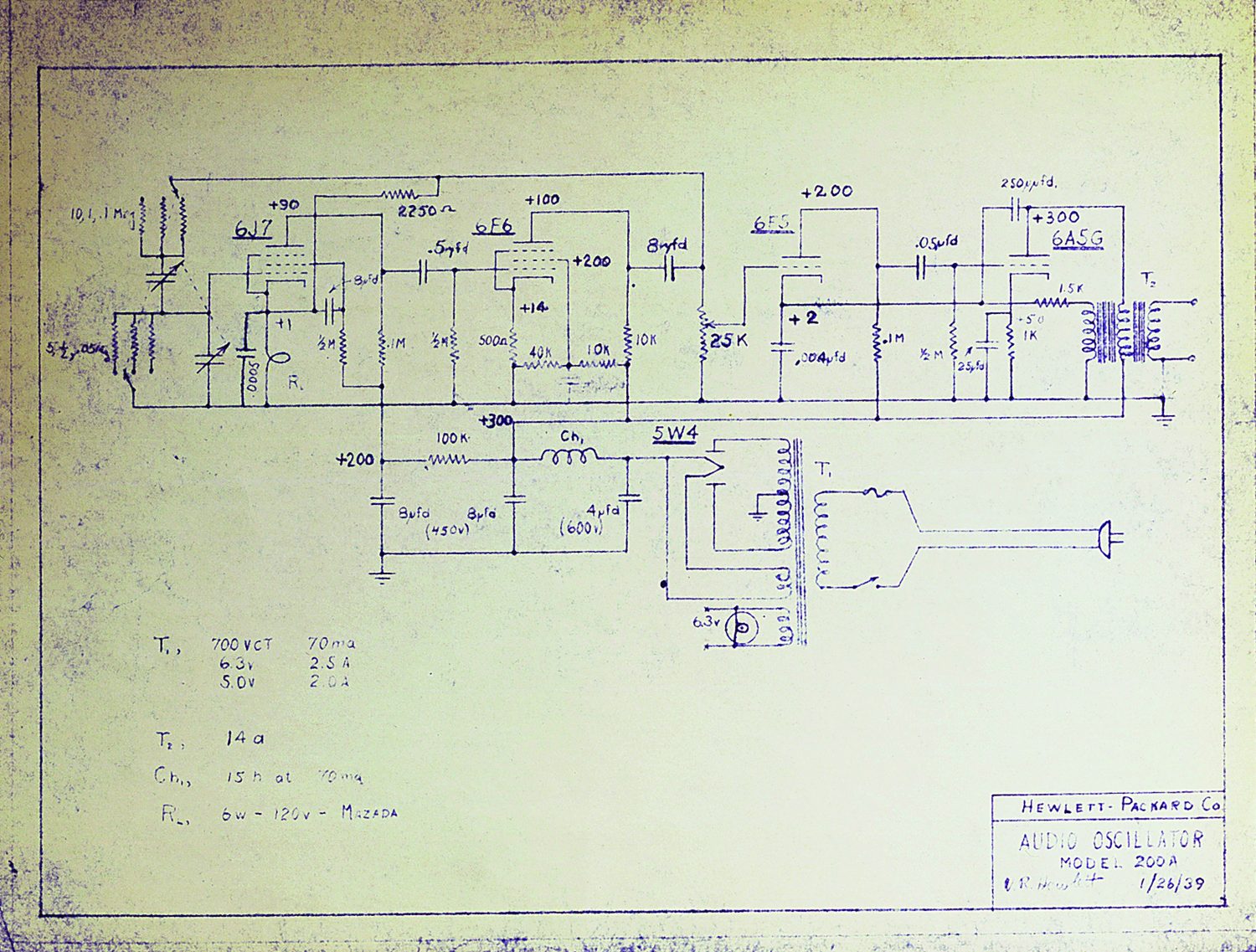 Schematic for the HP 200A audio oscillator.