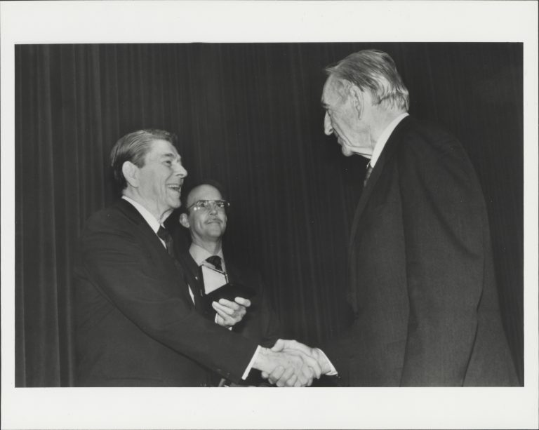 Dave Packard receives the  Medal of Freedom from President Ronald Reagan in 1988.