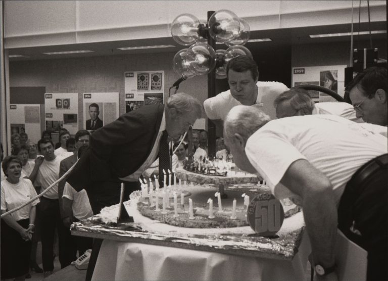 Bill and Dave blow out the candles during the 50th anniversary celebration of Hewlett-Packard at Hewlett-Packard S.A.