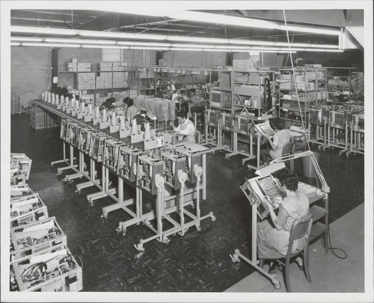 Production line for oscilloscopes at Hewlett-Packard's Colorado Springs facility in 1963.