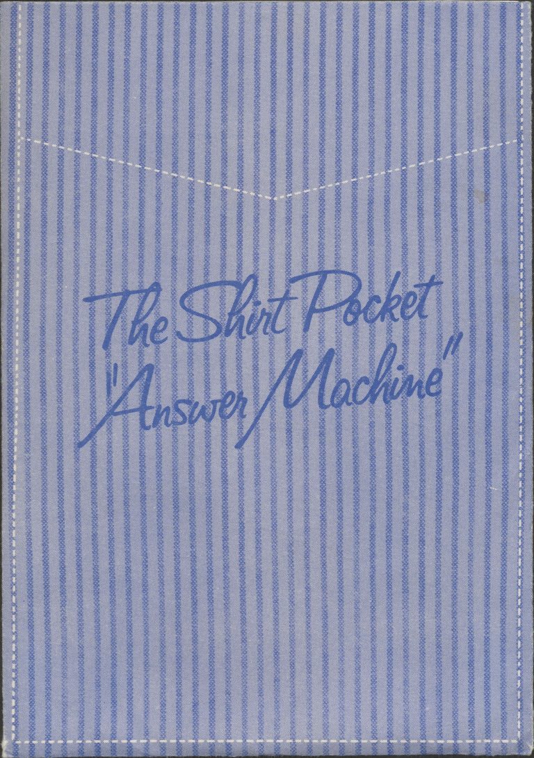 A graphic of a shirt pocket with the words The Shirt Pocket Answer Machine, used to advertise the HP 35.