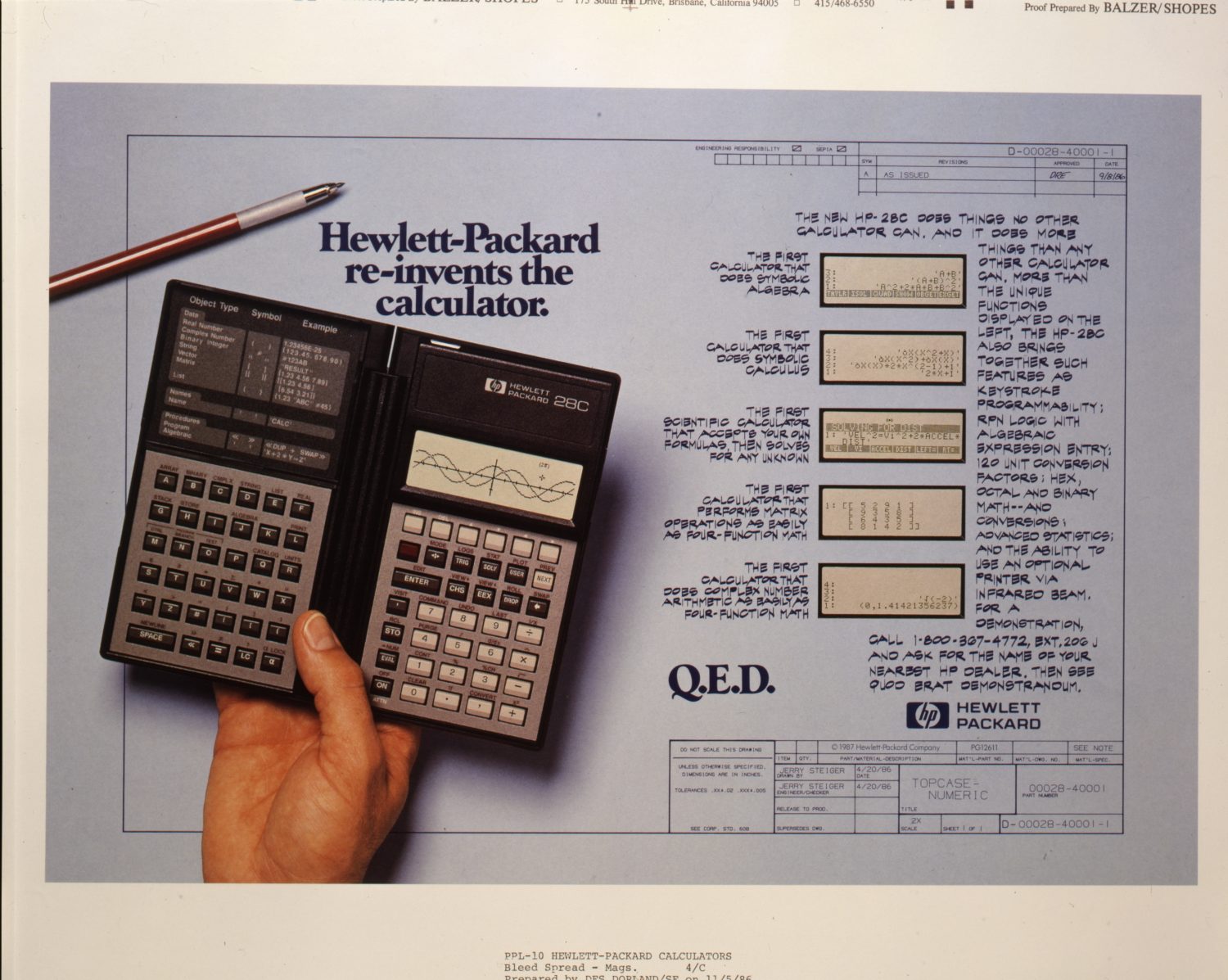 An ad for the HP 28C highlighting its innovations with the tagline Hewlett-Packard re-invents the calculator.