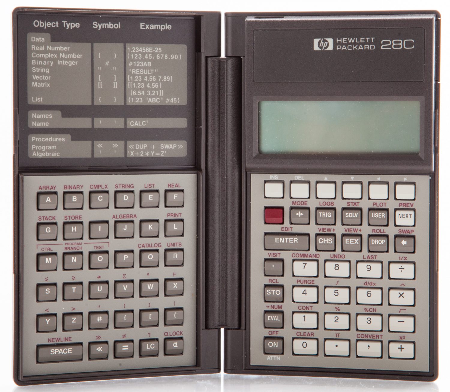 Photo of the HP 28C, Hewlett-Packard's first graphing calculator (opened).