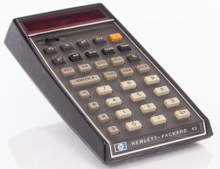 The HP 45 calculator (left and top face).