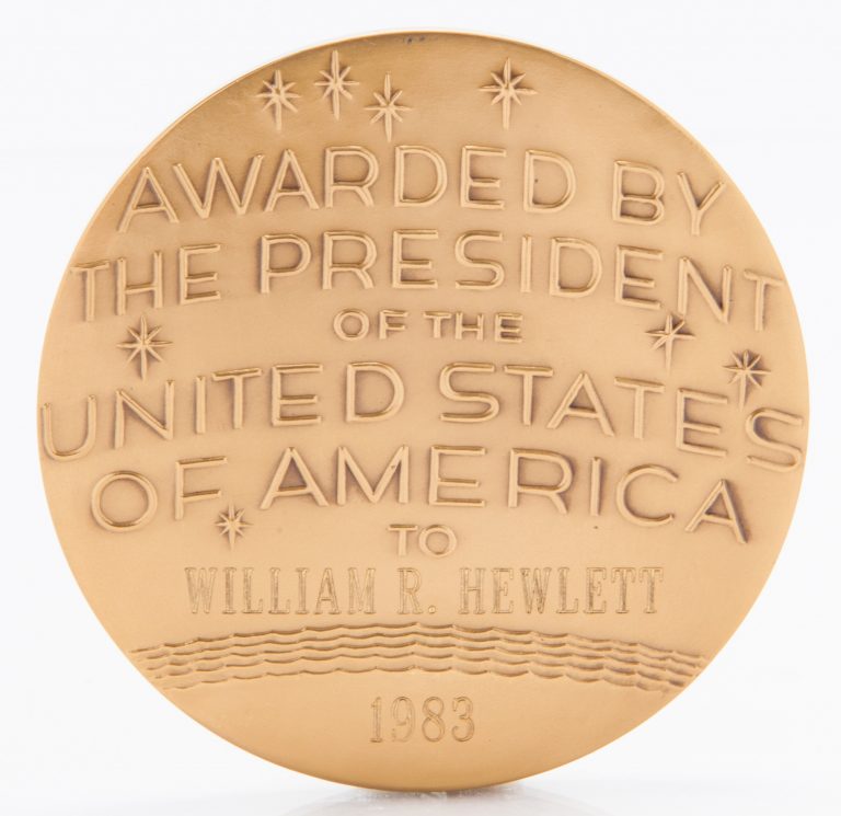 Back of  National Medal of Science: Awarded by the President of the United States of America to William R. Hewlett 1983.