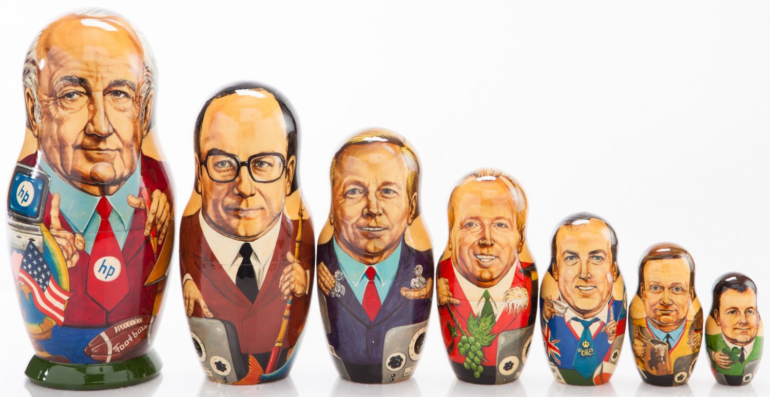 Matryoshka dolls representing HP Russia's leadership, from the Moscow office head (smallest) up to Bill and Dave (largest).