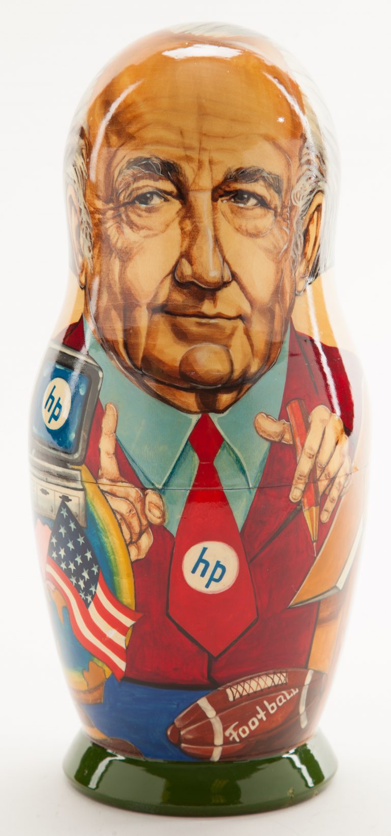 Matryoshka doll depicting Dave Packard on one side and Bill Hewlett on the other, showing Dave's side.