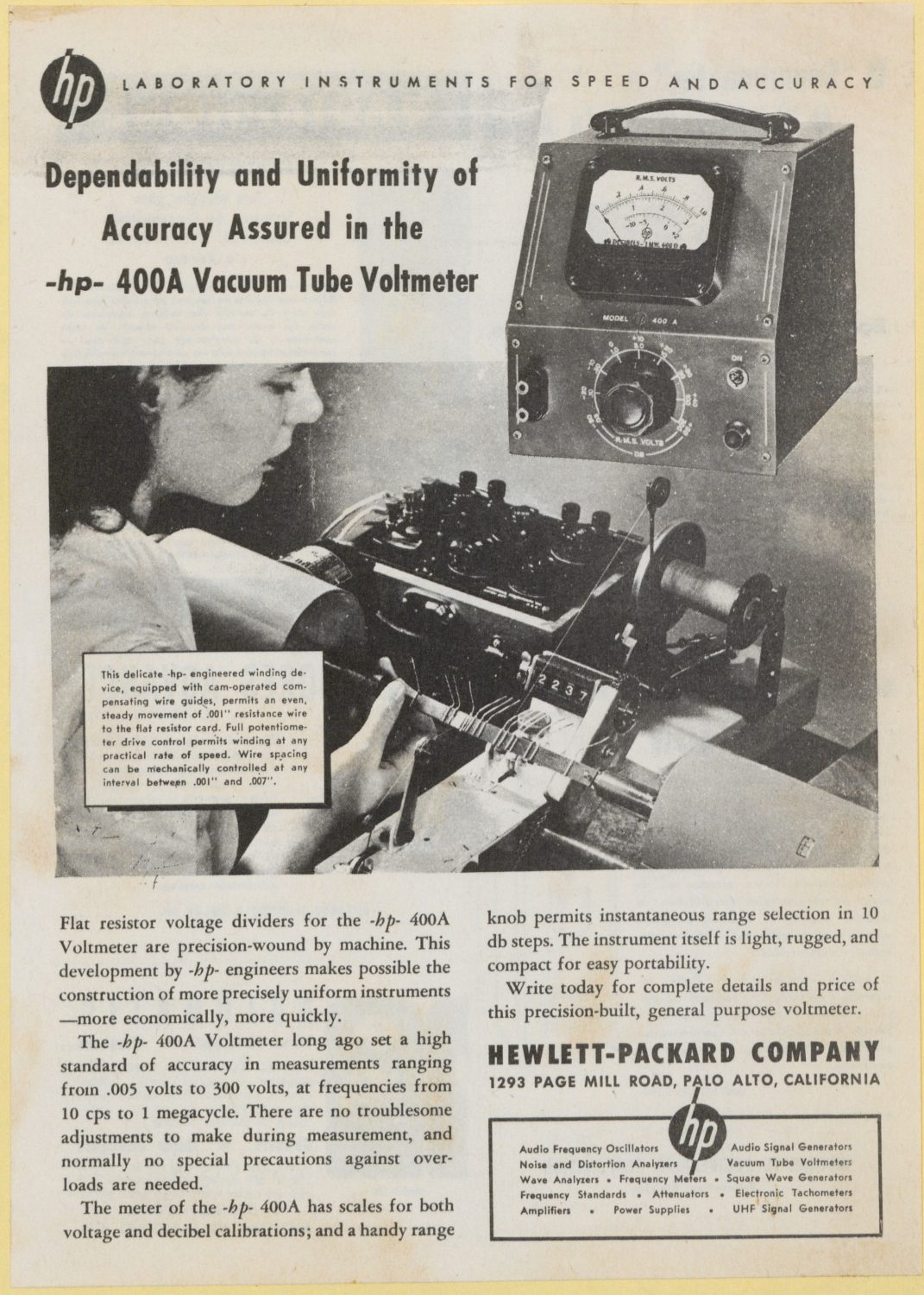 Ad for the HP 400A voltmeter from 1946.