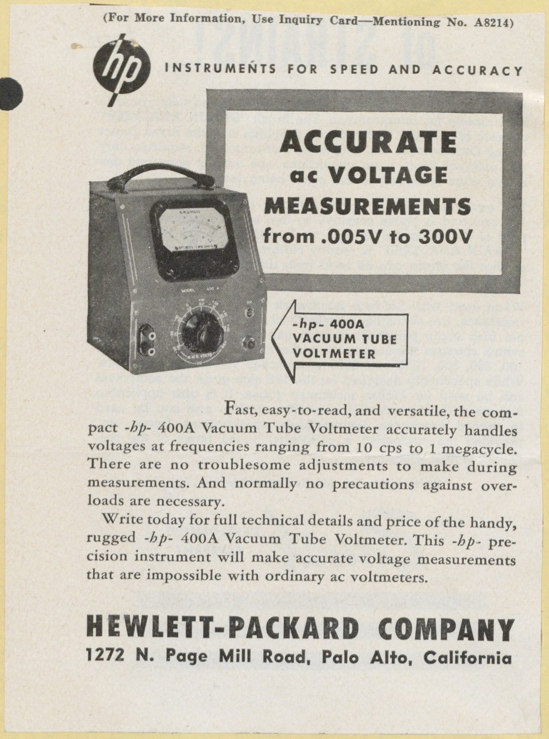Advertisement for the HP 400AC voltmeter from 1948.