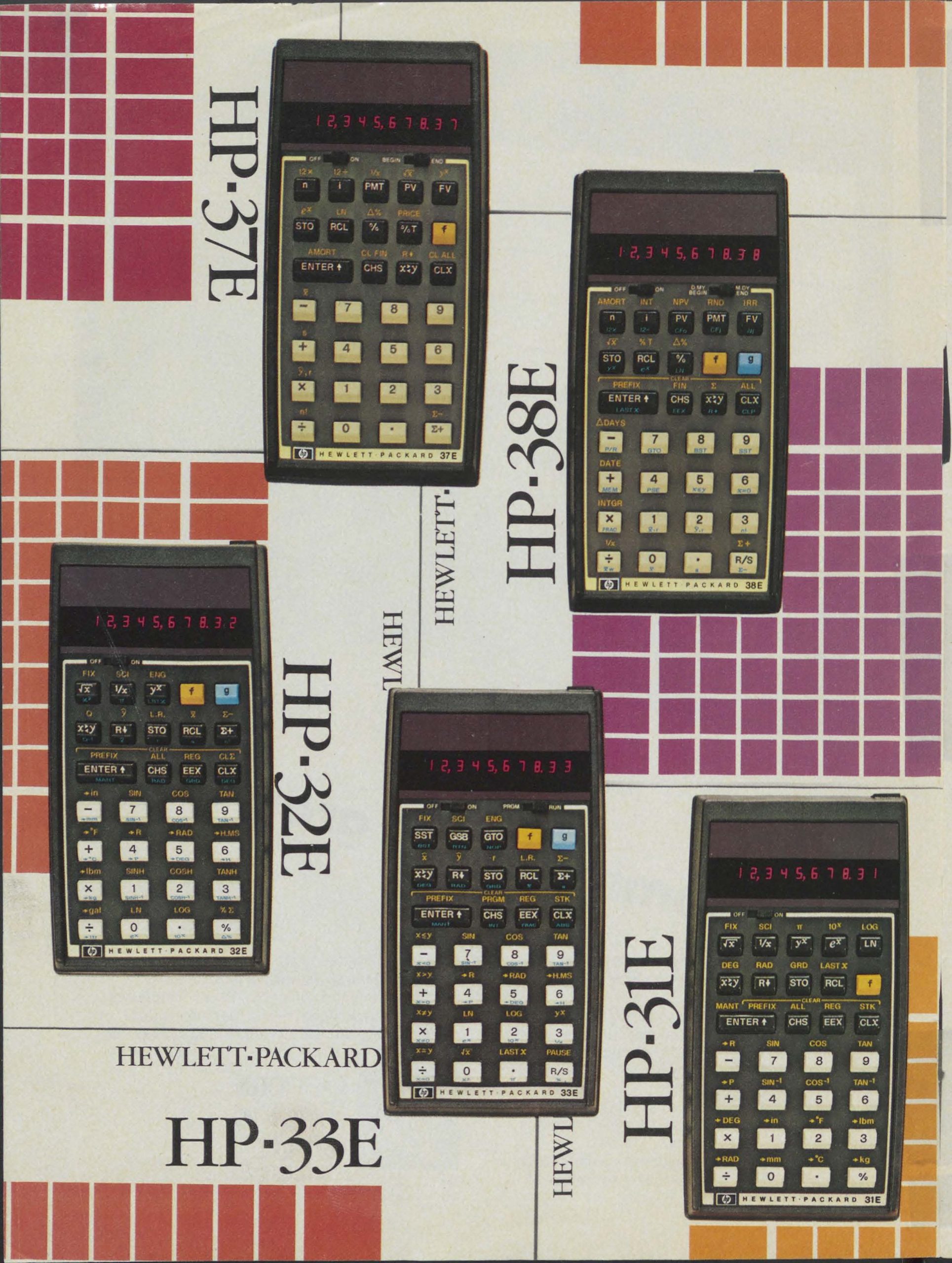 A print ad featuring HP's business (HP 37E and HP 38E) and scientific (HP 31E, HP 32E and HP 33E) calculators.