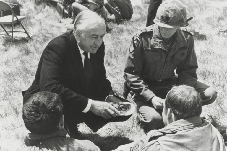 Dave Packard visiting troops as Deputy Secretary of Defense.