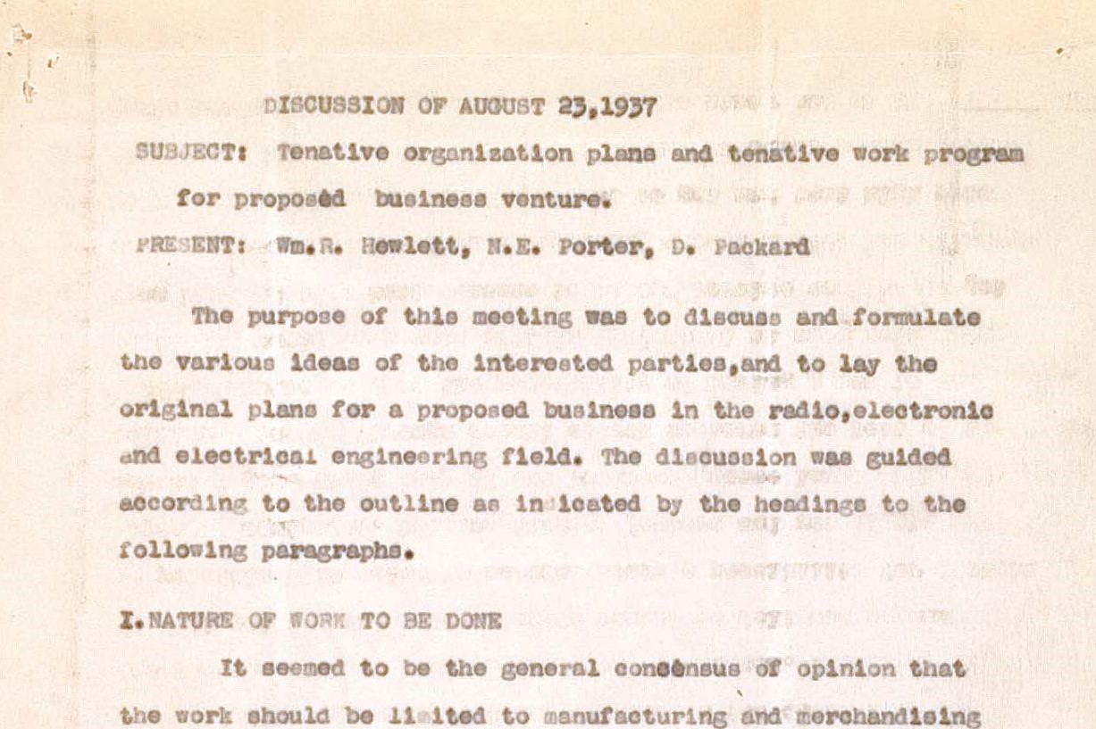 Notes from a meeting between Bill Hewlett and Dave Packard on August 23, 1937.