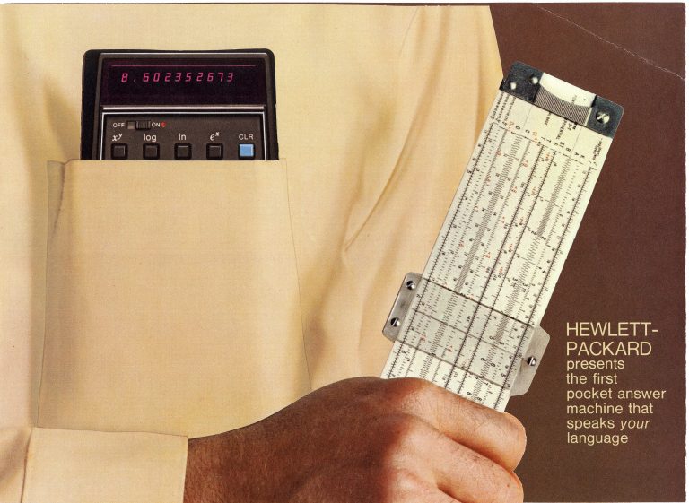 An ad for the HP 35 with the calculator in a shirt pocket while subject holds a slide rule in their hand.