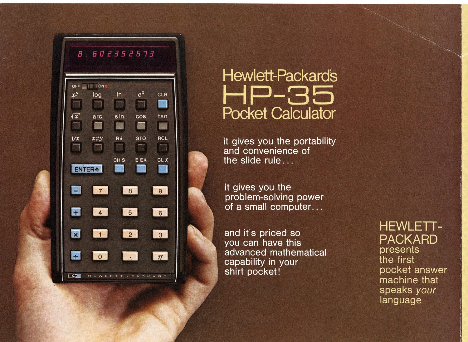 An ad for the HP 35 featuring the device held in one hand with text emphasizing its portability, power and reasonable price.