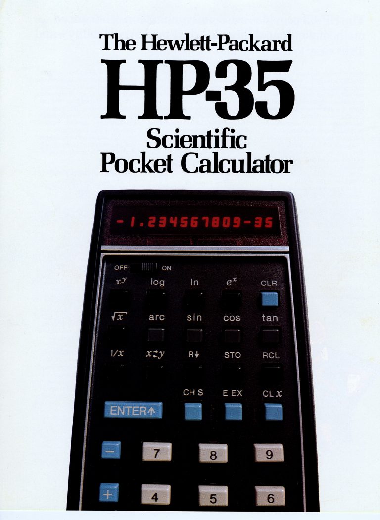 An ad for the HP 35 with a photo of the calculator and the words, The Hewlett-Packard HP 35 Scientific Pocket Calculator.