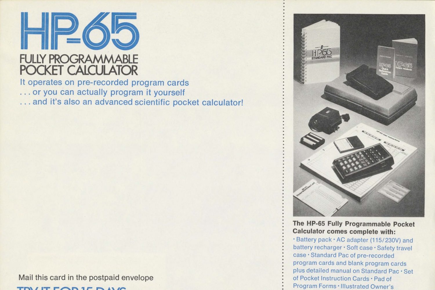 A print ad for the HP-65, a fully programmable pocket calculator.