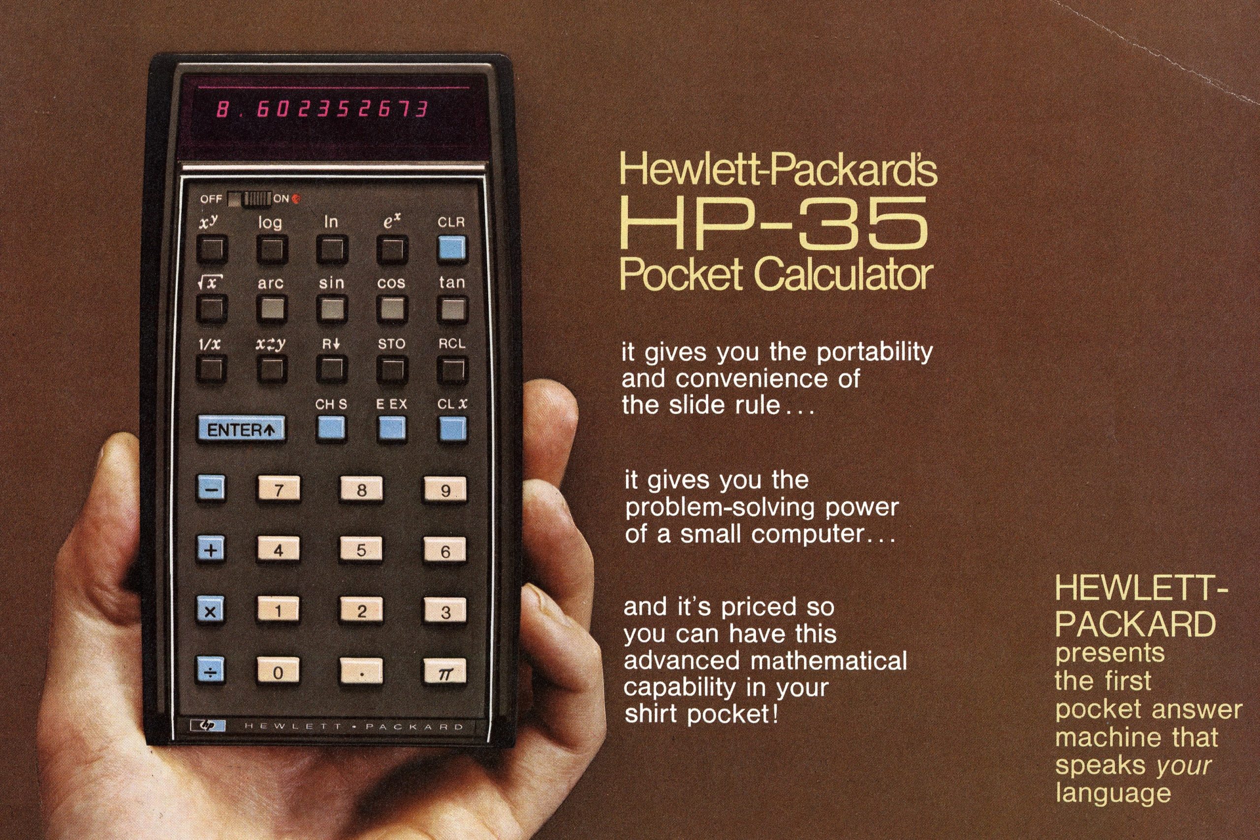 An ad for the HP 35 featuring the device held in one hand with text emphasizing its portability, power and reasonable price.