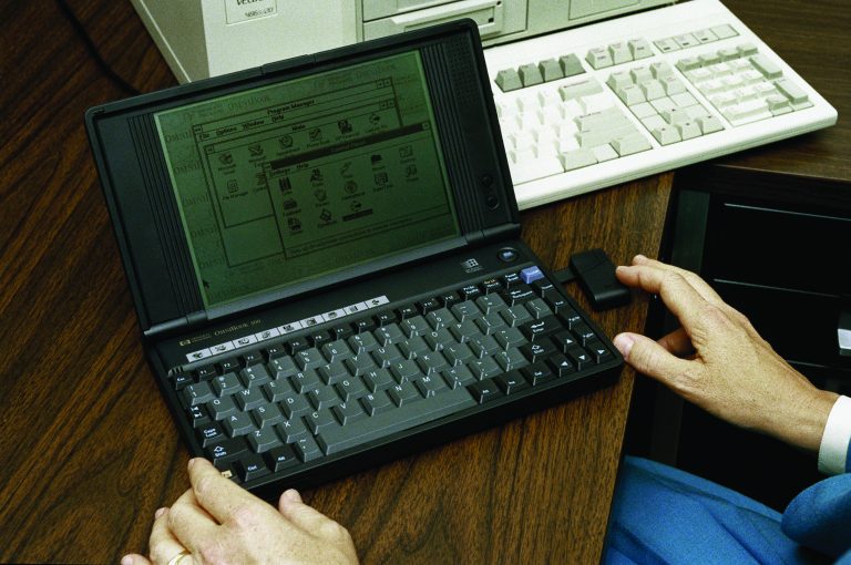 Photo of someone working on the Omnibook 300 in 1993.