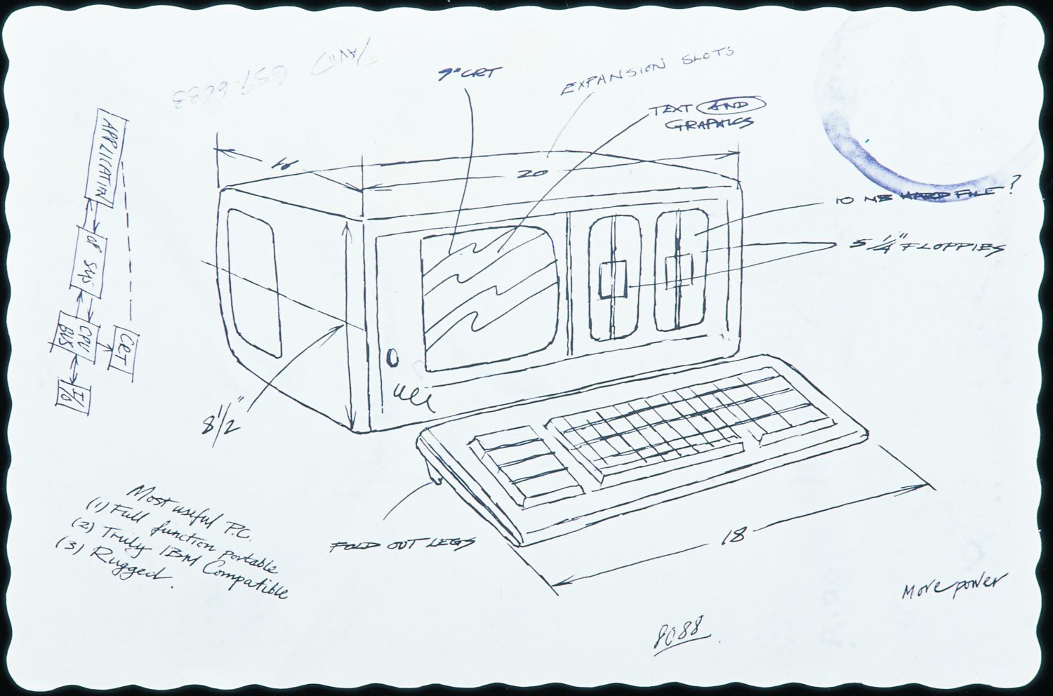 A reproduction of Ted Papajohn's drawing of the original Compaq Portable PC on a placemat from the House of Pies in 1982.