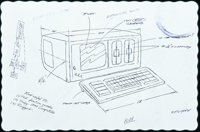 A reproduction of Ted Papajohn's drawing of the original Compaq Portable PC on a placemat from the House of Pies in 1982.