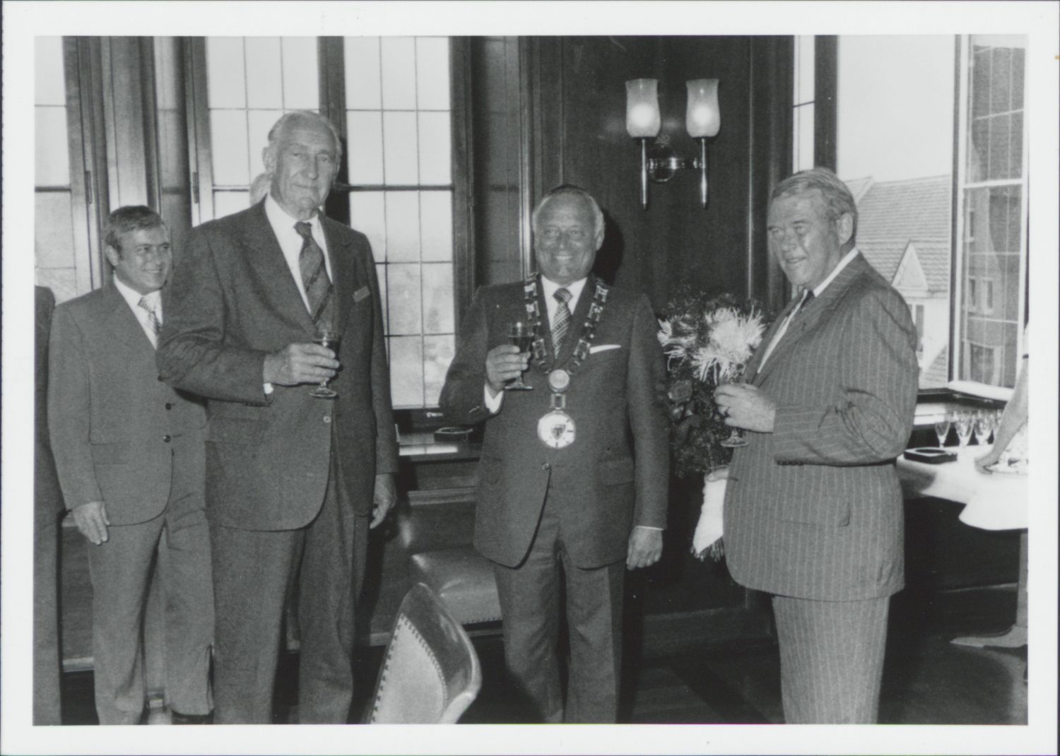 Photo of Bill Hewlett (right) and Dave Packard (left) with Boblingen's Lord Mayor (center) at the Medal of Honor ceremony.