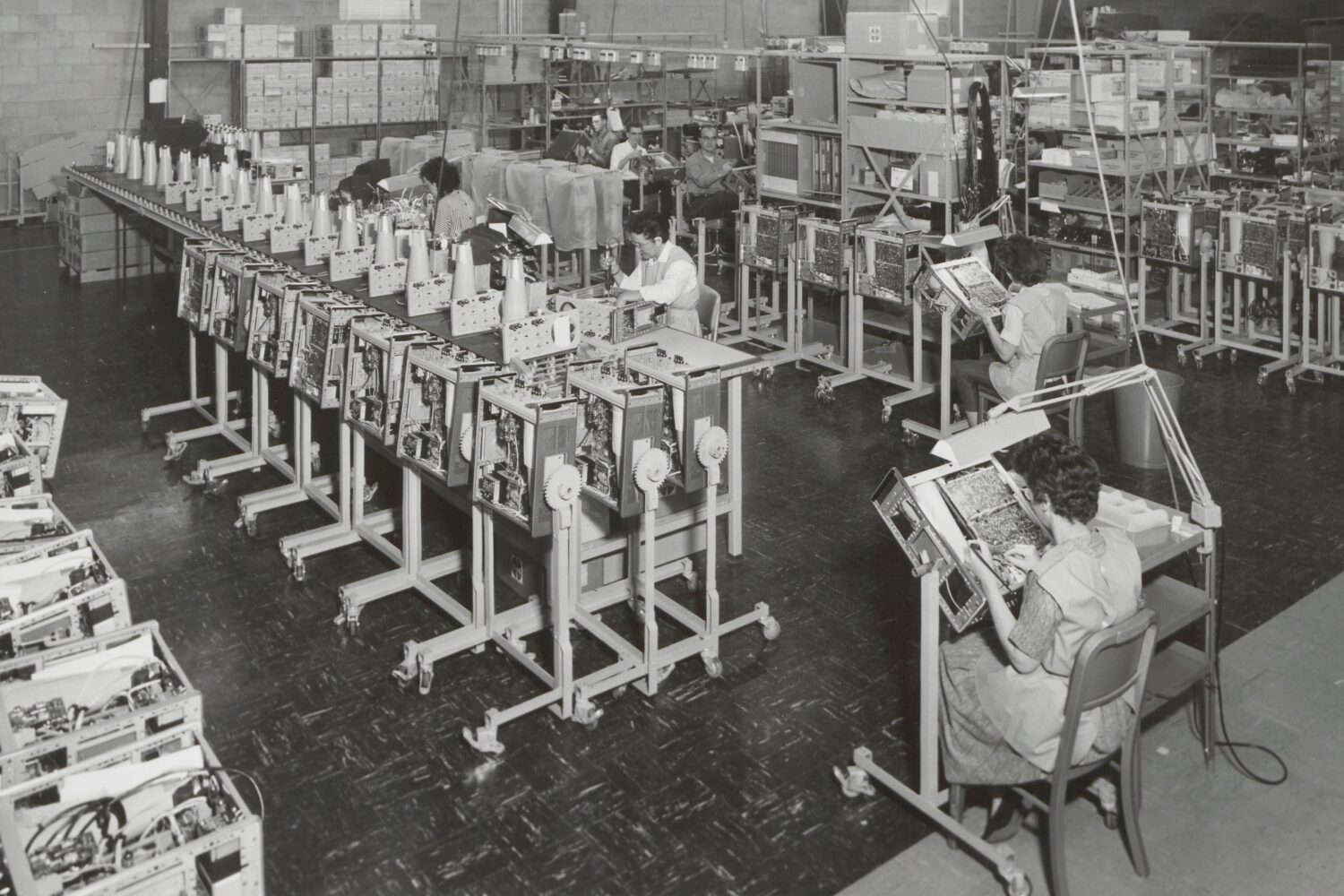 Production line for oscilloscopes at Hewlett-Packard's Colorado Springs facility in 1963.