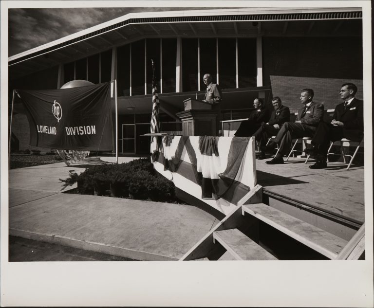 Dave Packard speaking at the opening of Hewlett-Packard's Loveland, Colorado, plant.