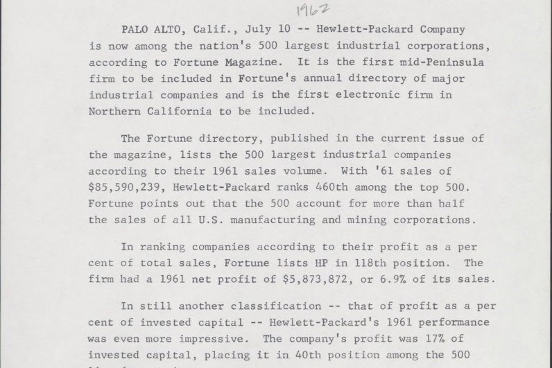 A document dated July 10, 1962, announcing HP was a Fortune 500 for the first time.