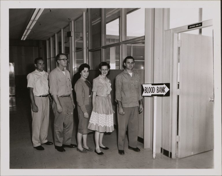 Hewlett-Packard employees lined up to donate blood in the 1960s.