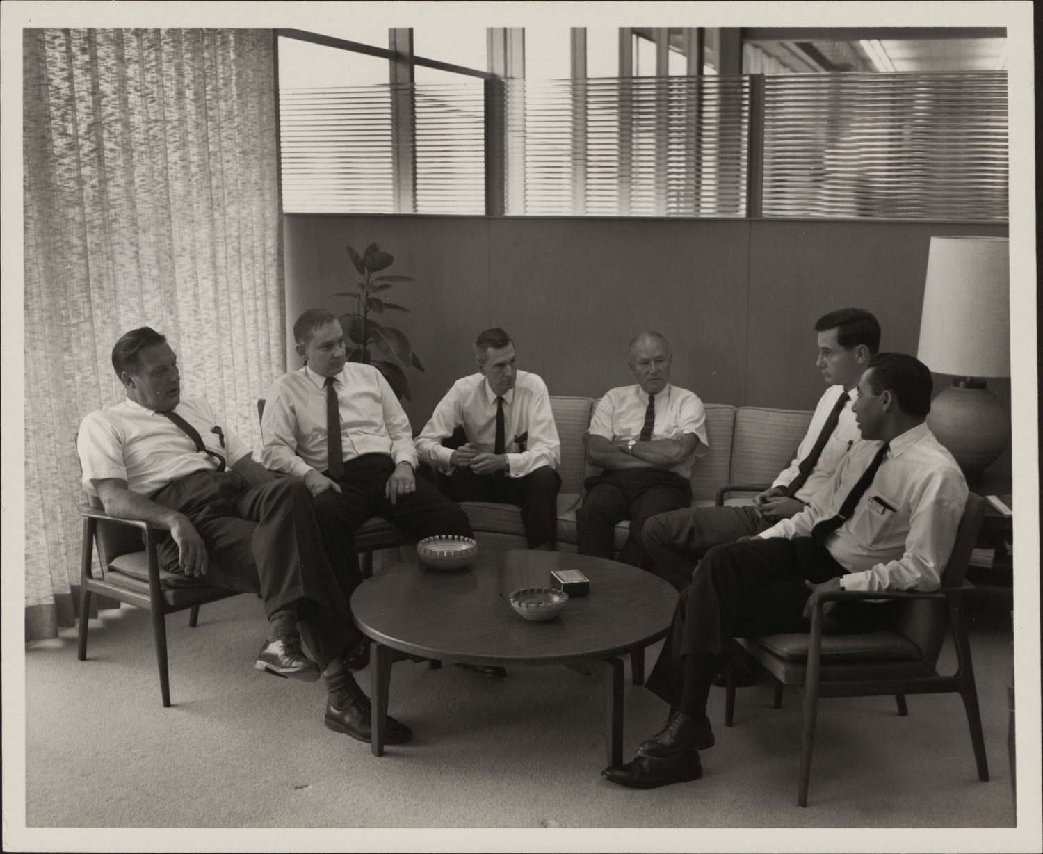 From Left to Right: Barney Oliver, Don Hammond, Paul Stoft, John Cage, Tom Perkins and John Atalla.