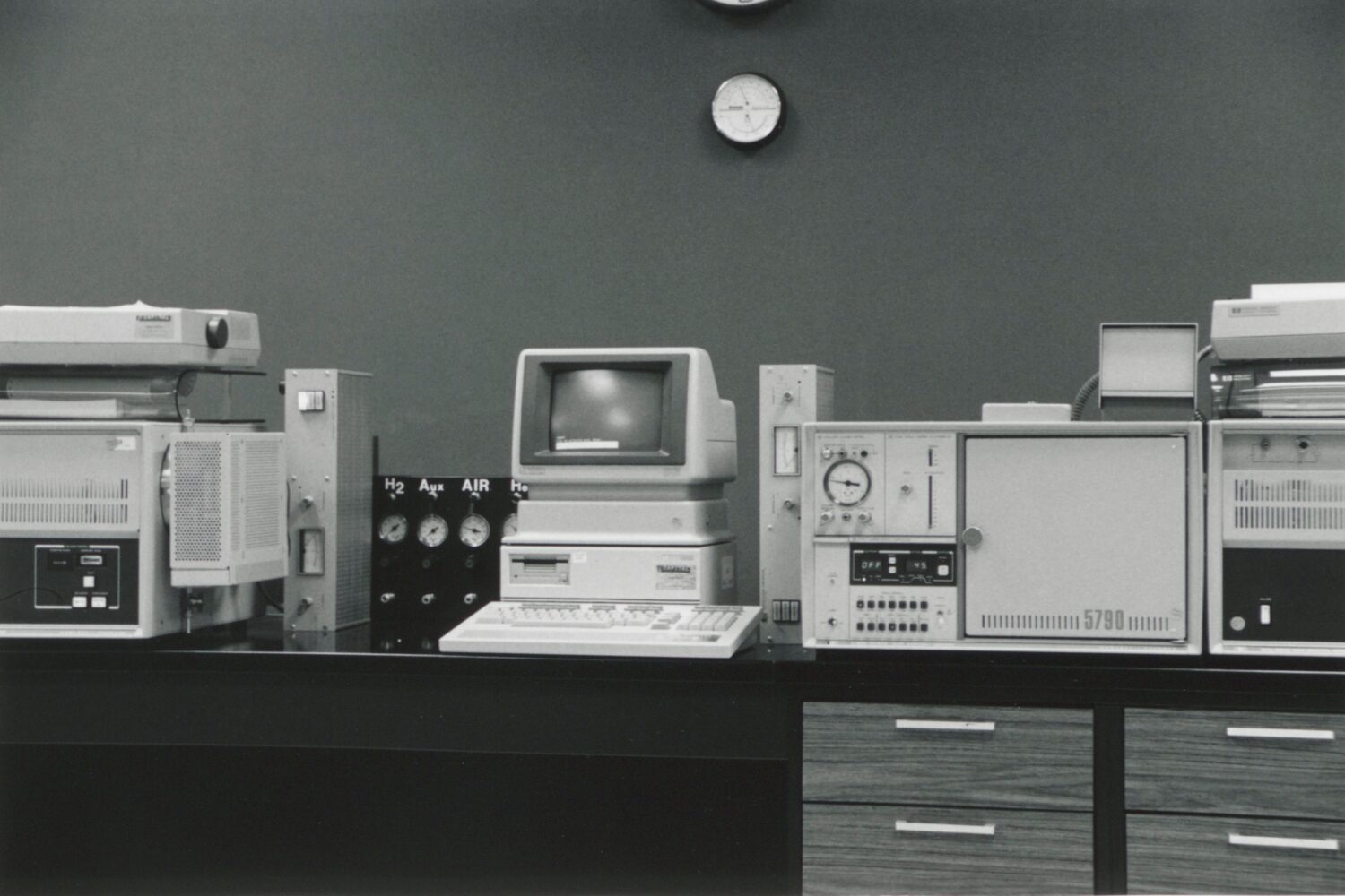 Photo of an anti-pollution instrument setup, including gas chromatograph.