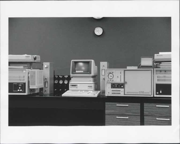 Photo of an anti-pollution instrument setup, including gas chromatograph.