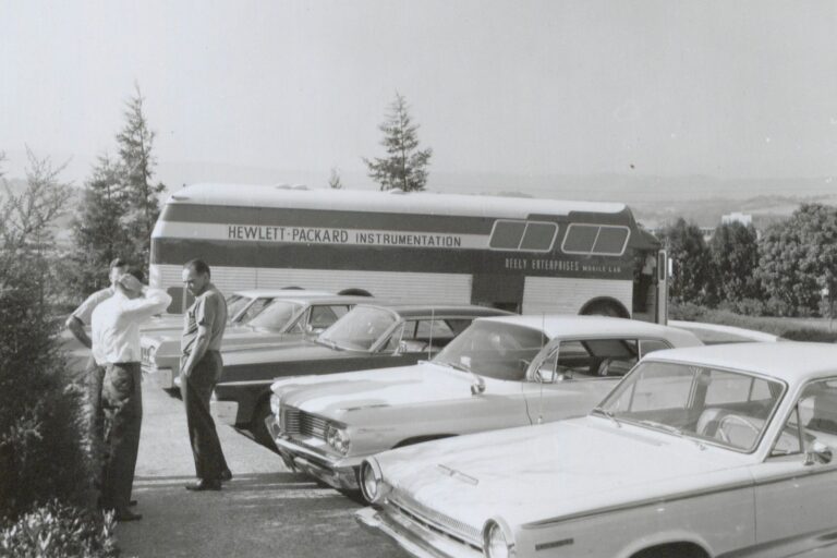 A photo of the Neely Mobile Lab preparing to go on tour to give product demonstrations in 1964.