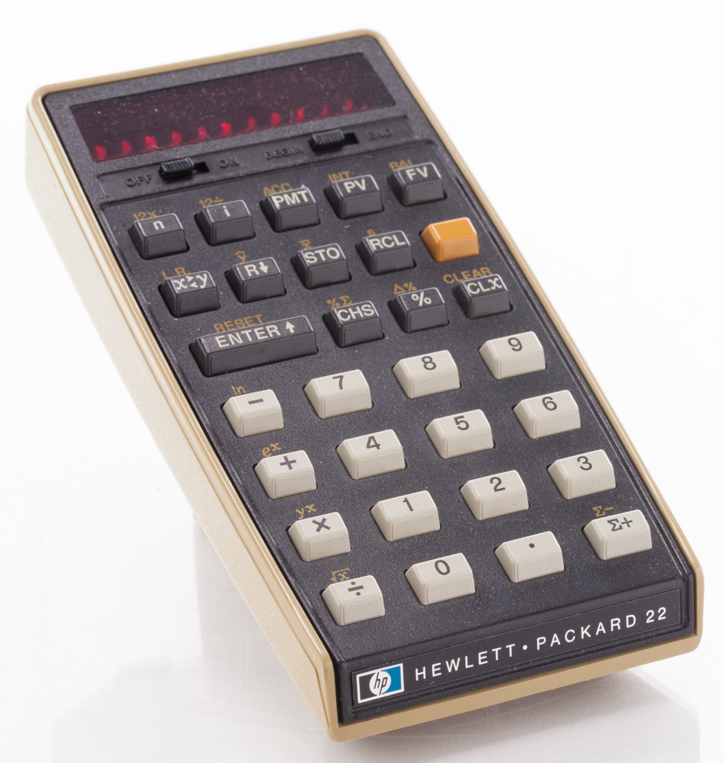 A photo of the HP 22 calculator featuring the small logo on the bottom left of the device.