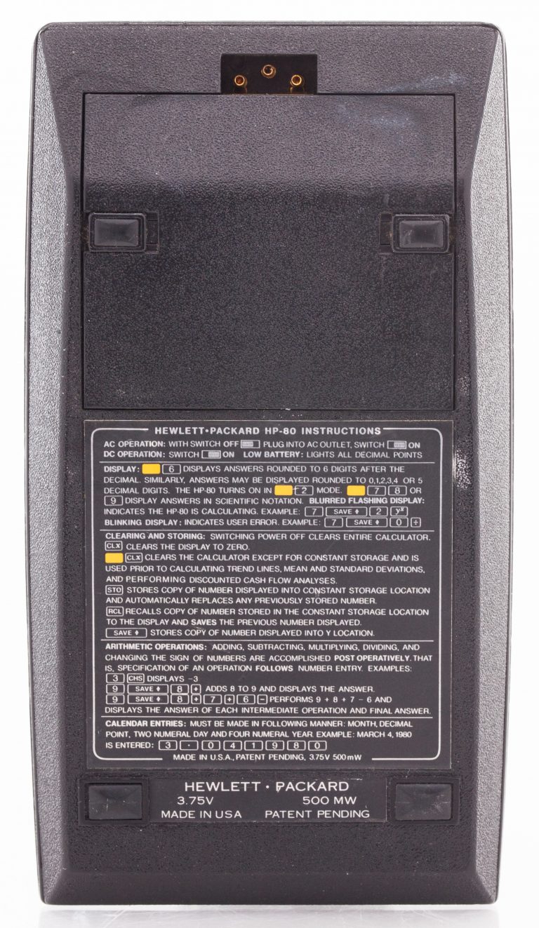 Back of the HP 80 calculator including instructions for its use.