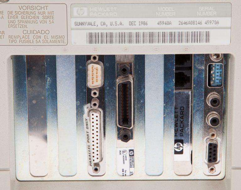 Close-up photo of the ports on the back of Bill Hewlett's  HP Vectra personal computer.