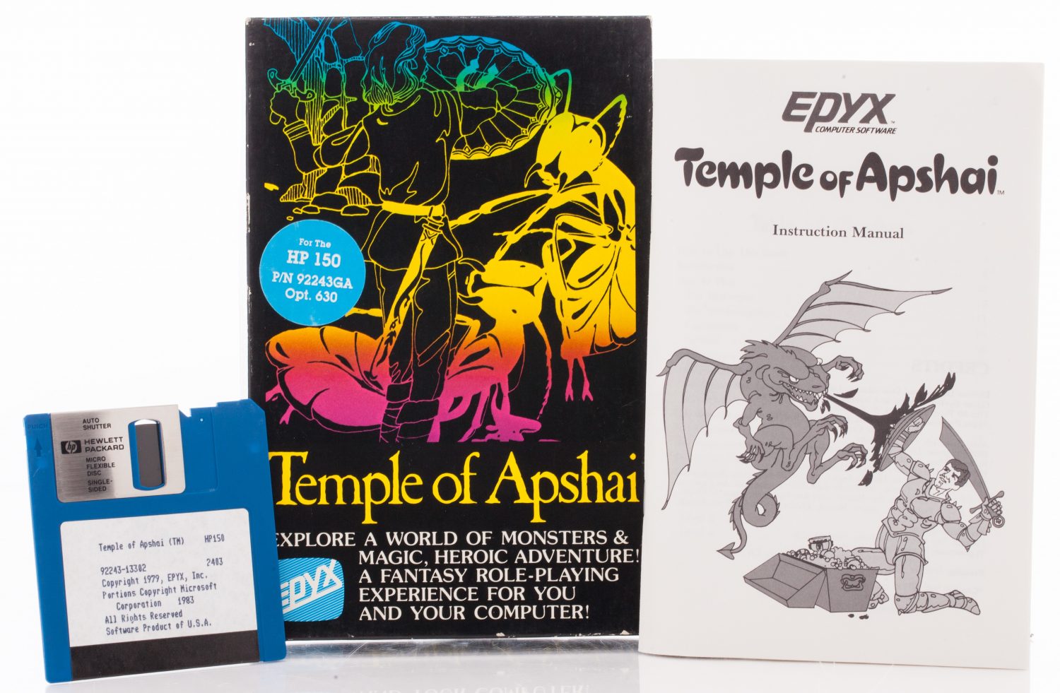 The 3.5-inch disk, box and instruction manual for Temple of Apshai video game.