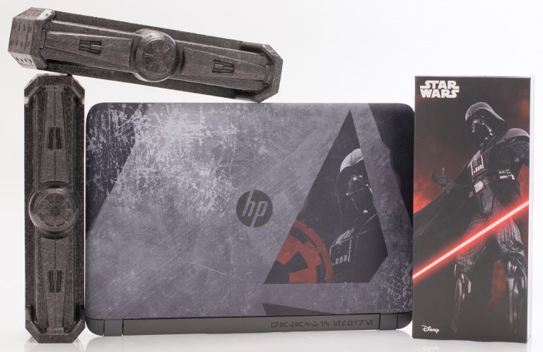 HP's special edition Star Wars laptop, with packing foam resembling TIE fighters and packaging depicting Darth Vader.