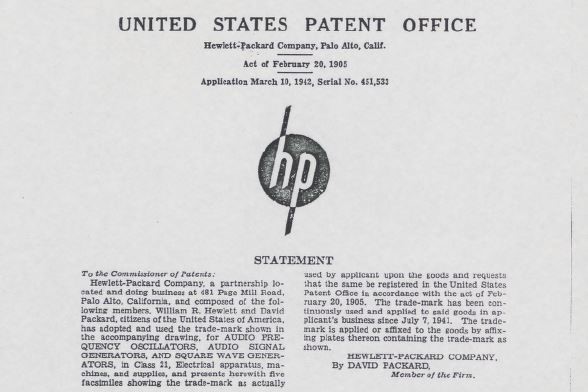 A document from the United States Patent Office outlining the trademark for HP's first logo.