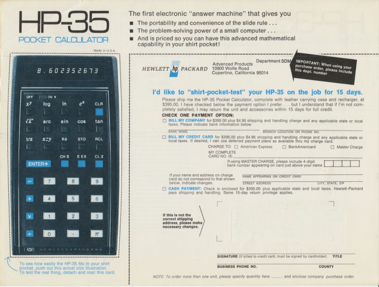 An ad for the HP-35 with an order form and highlighting a 15-day shirt-pocket-test (trial period).