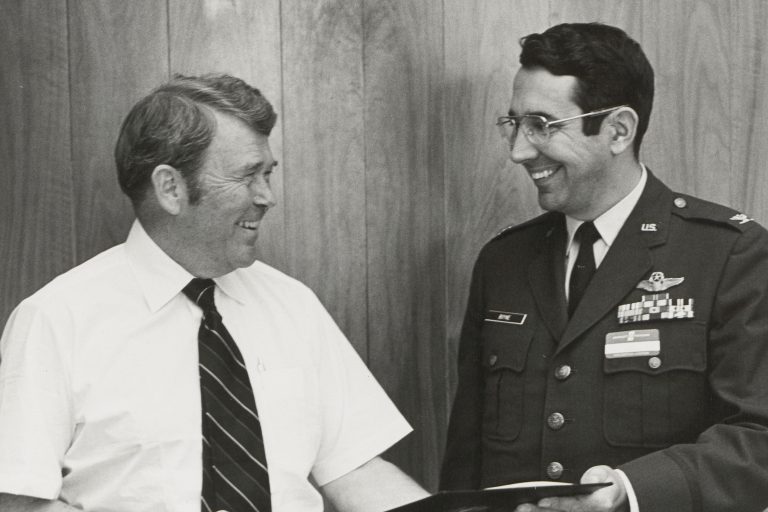Bill Hewlett accepting the James S. Cogswell Outstanding Industrial Security Award on behalf of Hewlett-Packard in 1973.