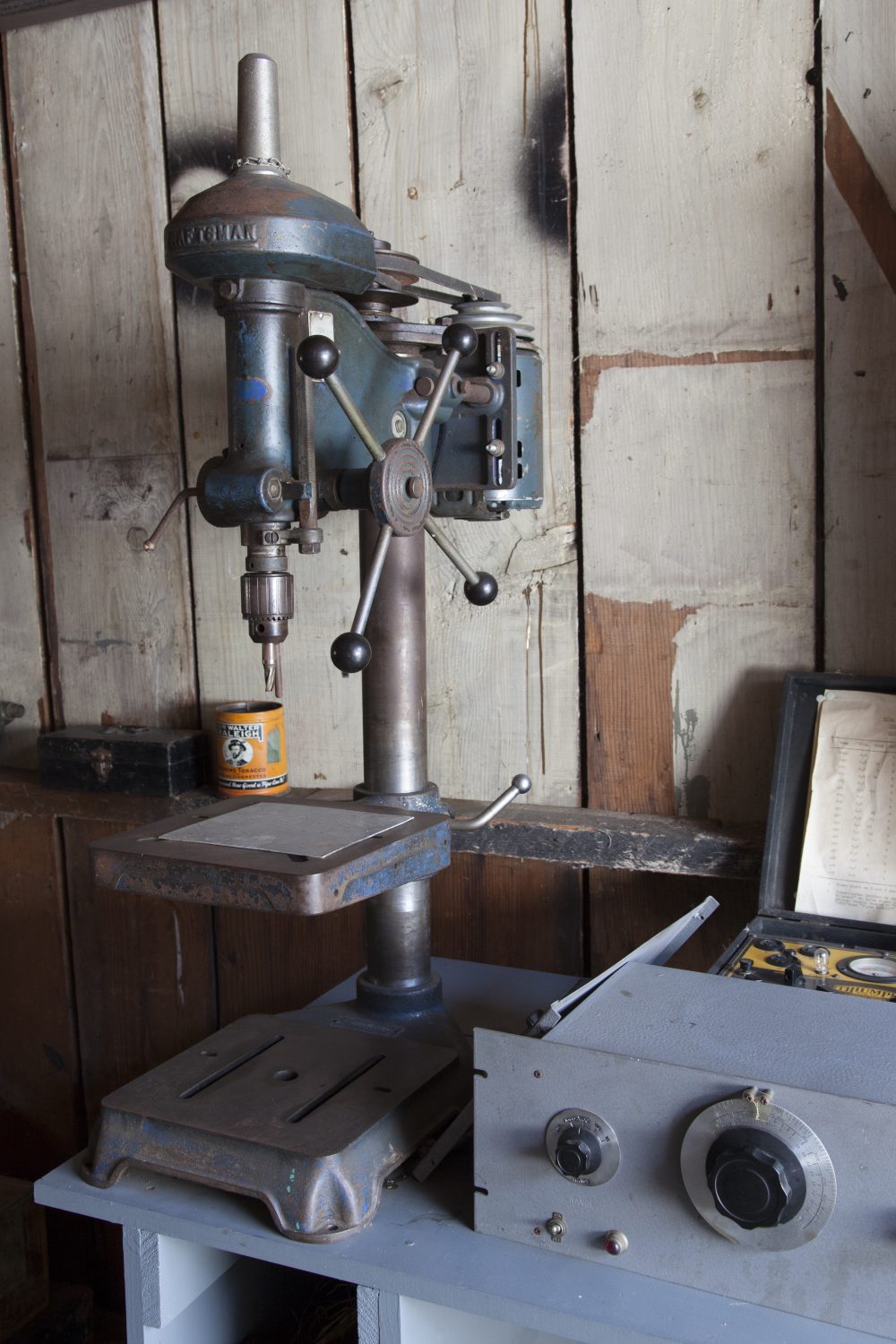 Sears Craftsman drill press in the restored Hewlett-Packard garage.