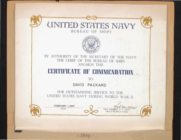 A personalized certificate of commendation given to Dave Packard for his contributions to the Navy during WWII.