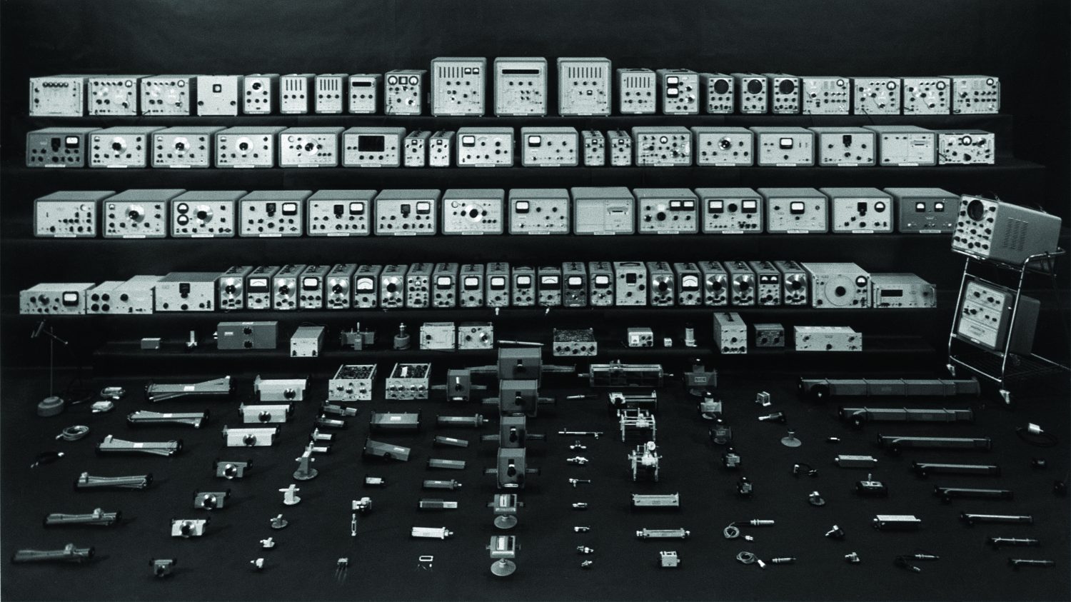 A photo of Hewlett-Packard's complete 1959 product line of 380 test and measurement instruments and accessories.