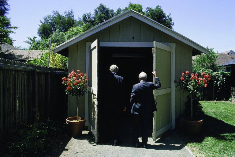 Bill Hewlett and Dave Packard entering the garage on Addison Avenue in 1989.